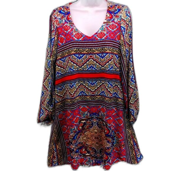 CATO Woman's Medium Lined Midi V- Neck Long Sleeve Multicolor Pattern. Blue/ Red - Picture 2 of 13